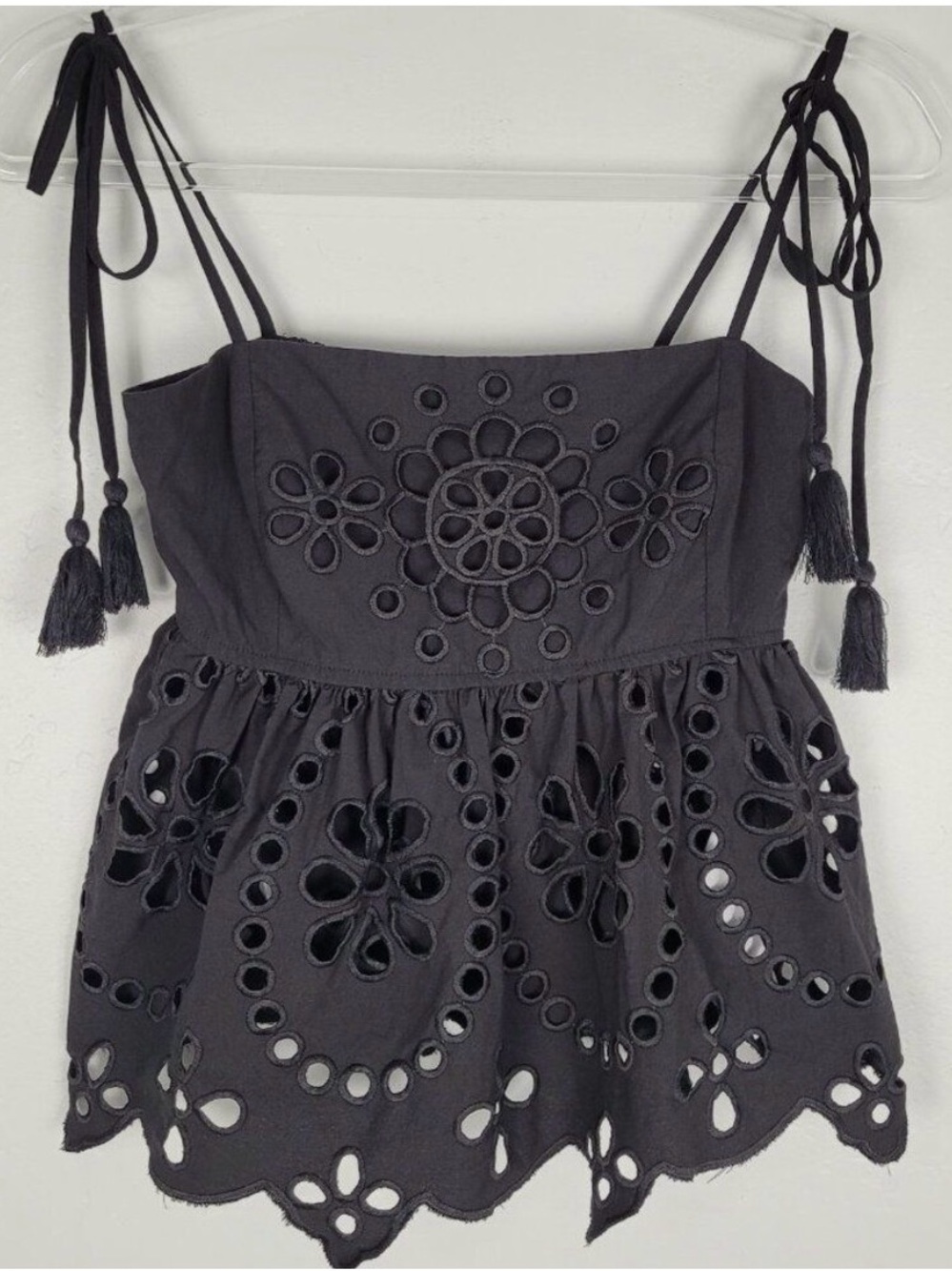 En Saison Black Eyelet Tie-Shoulder Top